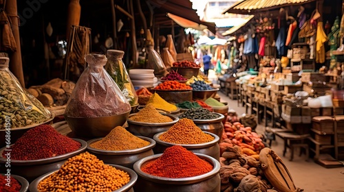 A traditional street market filled with colorful and tasty spices, Generative AI photo