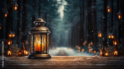  Lantern with burning candle, a snowy park alley. Metal and glass antique lantern. Romantic winter scenery for greeting card.