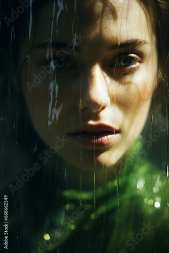 A Woman Embracing the Radiance of a green illumination - Serene documentary art portrait with captivating abstract green lighting of a beautiful woman.