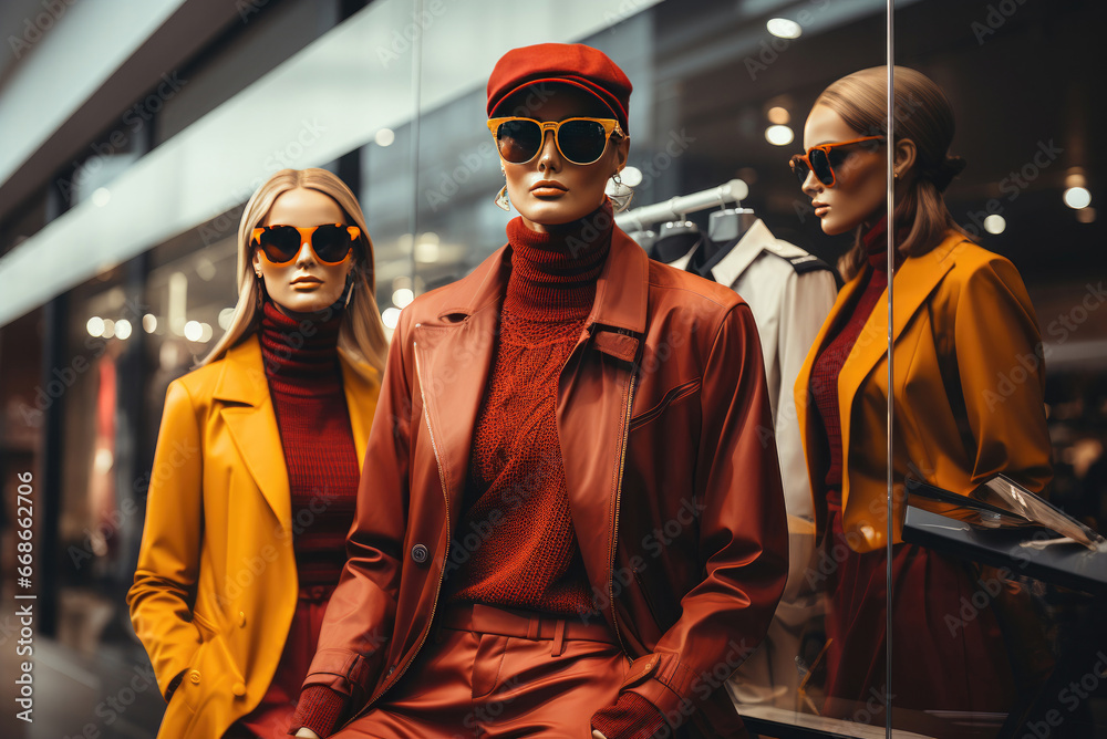 Mannequins in a shop window in beautiful clothes in yellow-brown colors Mannequins in a shop window in beautiful clothes in yellow-brown colors