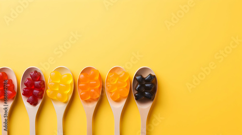 Flat lay composition with delicious jelly bears candy in wooden spoon, gummy bear on yellow background,Generated Ai