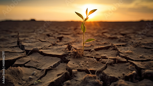  small, green sprout grows in the middle of dry scorched grass