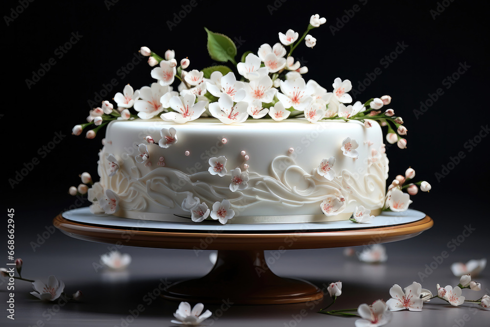 Wedding cake covered with white icing and decorated with flowers