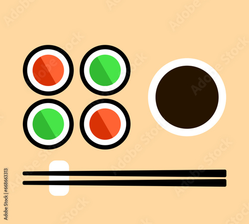 Four sushi and soy sauce and chopsticks. Vector illustration