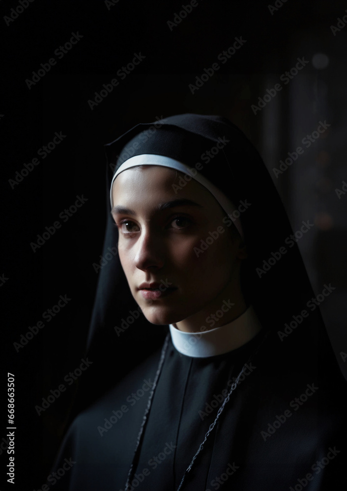 immagine primo piano ritratto di giovane suora, novizia in abito religioso, sfondo interno scuro