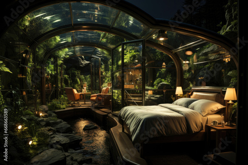 Bedroom interior. The concept of an ecological hotel in the future © Sunshine