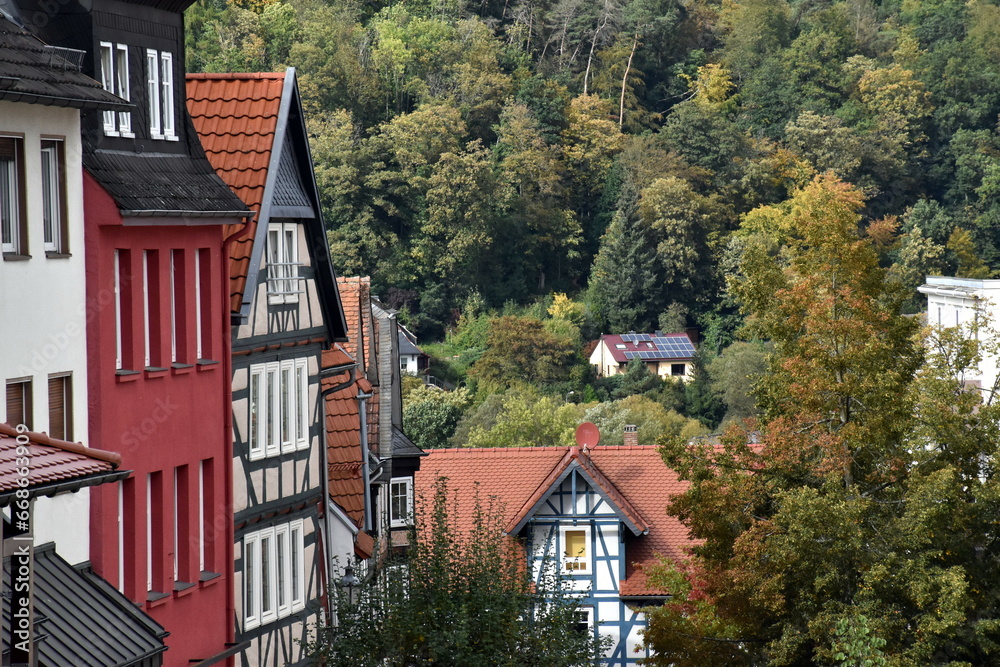 Obraz premium Fachwerkhäuser in Frankenberg vor dem Herbstwald