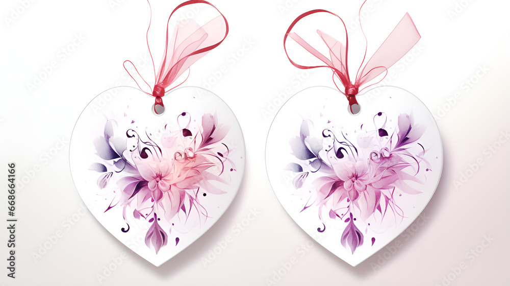 romantic and lovely beautiful heart with a hare and a bow on a pink background for a card, Set of watercolor hearts