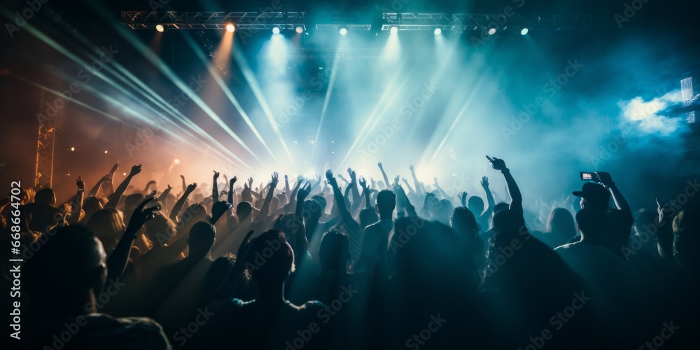 exited fun greeting cheerful male crowd people jump cheer up singing dancing together in concert performance nightlife party lifestyle - obrazy, fototapety, plakaty 