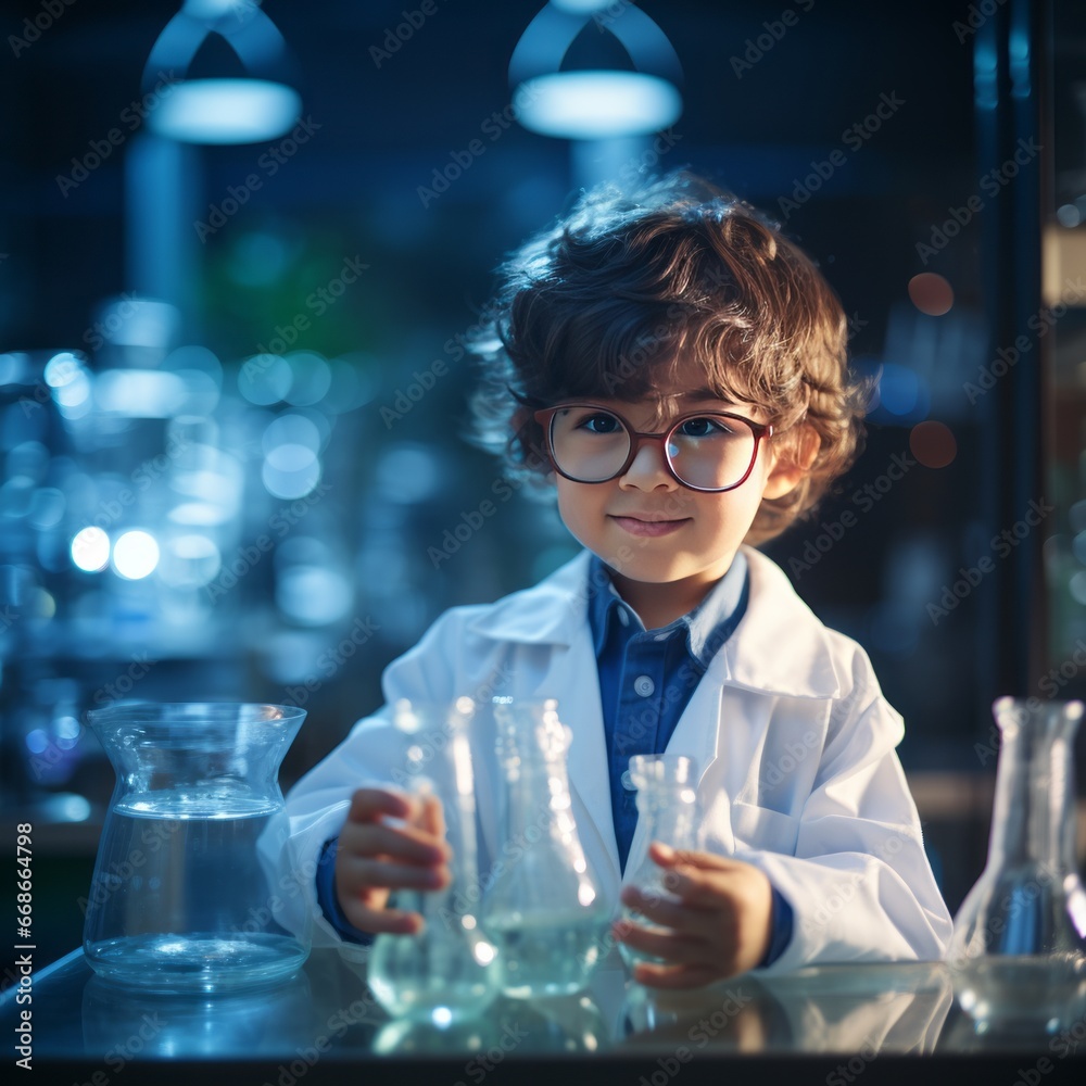 young kid Scientist examining glass beakers Side view of male doctor using microscope during research in laboratory. kid children cosplay pretending to work as scientist in labratory hospital
