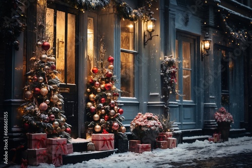 exteriors of the house are decorated for Christmas or New Year's holiday, city street in winter, snow, gifts on the porch, and street lights, a fairy-tale environment