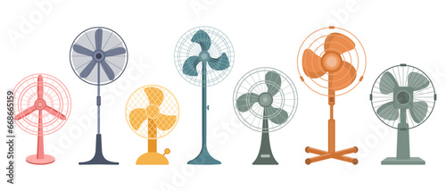 Fans in flat style, collection. Modern electric fans for airing the room. Icons, vector