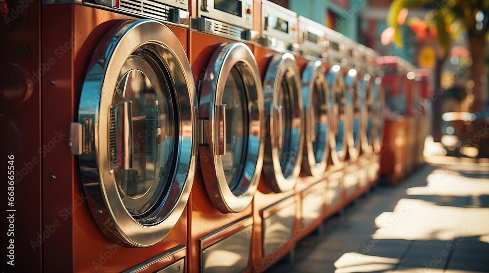 Row of industrial laundry machines in laundrom. Generative AI. Row of industrial laundry machines in laundrom. Generative AI.