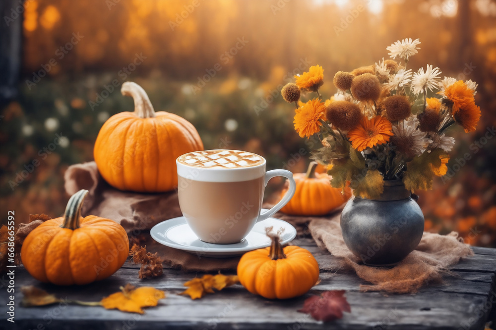 still life of a cup of hot latte and pumpkins on an old wooden table against the background of beautiful autumn nature at sunset, decoration for Halloween still life of a cup of hot latte and pumpkins on an old wooden table against the background of beautiful autumn nature at sunset, decoration for Halloween
