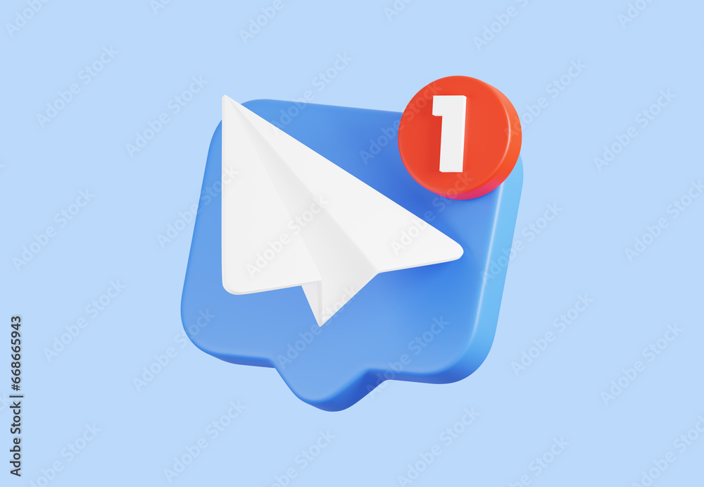 3D icon of blue bubble with white paper airplane and new notification notice. 3D icon of blue bubble with white paper airplane and new notification notice.