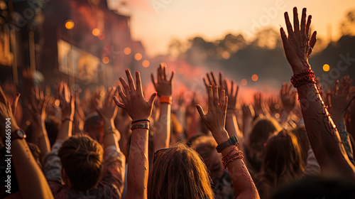 Hands in The Air of A Crowd at A Music Festival At Sunset Blurry Background
