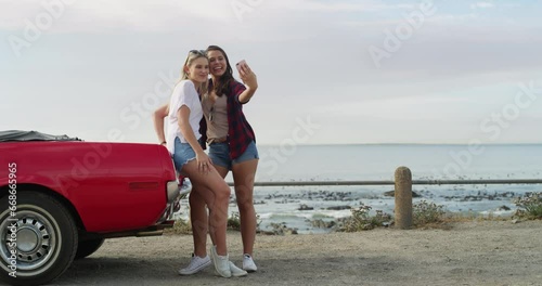 Beach, selfie and lesbian couple on a road trip with a car for romantic weekend, holiday or vacation. Happy, love and lgbtq young women taking a picture by the ocean or sea in Australia together.
