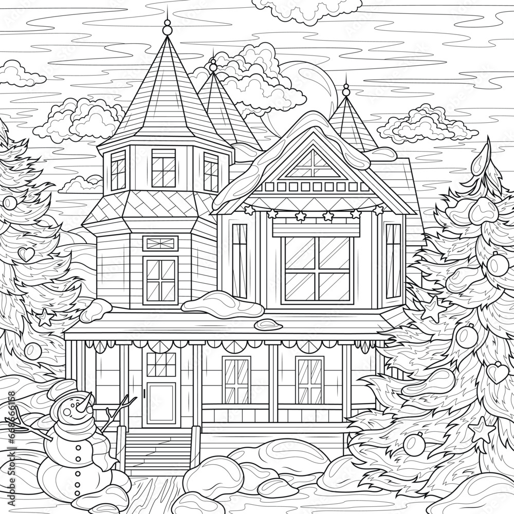 The house is decorated for Christmas in winter.Coloring book antistress for children and adults.