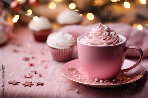 cup of hot chocolate and pink whipped cream with cupcake background 