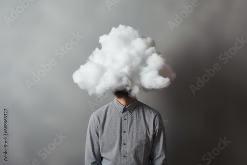 Man with Cloud over his Head Symbolizing the Depths of Depression on Gray Background