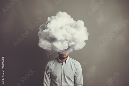 Man with Cloud over his Head Symbolizing the Depths of Depression on Gray Background