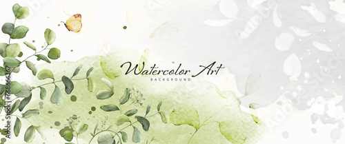 Abstract watercolor background with botanical and butterfly on watercolor stains