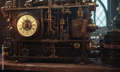 Steampunk background. Mechanisms, gears, light bulbs and clocks © NeuroSky