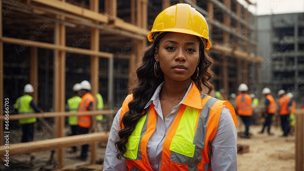Black woman wearing hard hat and high vis vest on contruction site Black woman wearing hard hat and high vis vest on contruction site