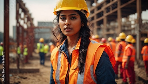 Indian woman wearing hard hat and high vis vest on contruction site photo
