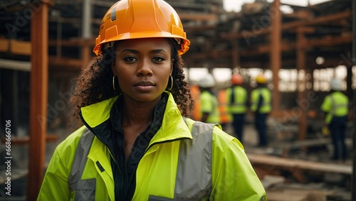 Black woman wearing hard hat and high vis vest on contruction site photo