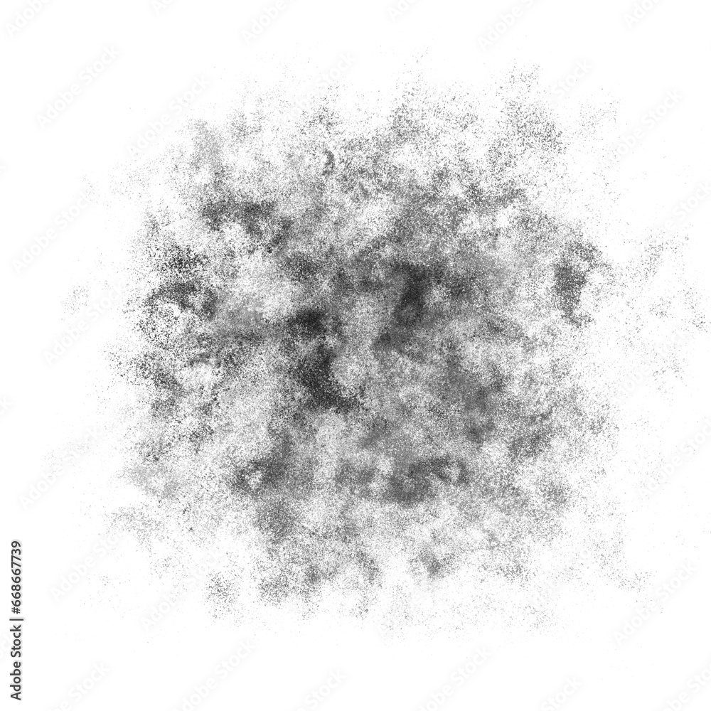 Obraz premium Black color powder explosion isolated on transparent background. Royalty high-quality free stock PNG image of Black powder explosion. Colorful dust explode. Paint Holi, Black dust particles splash