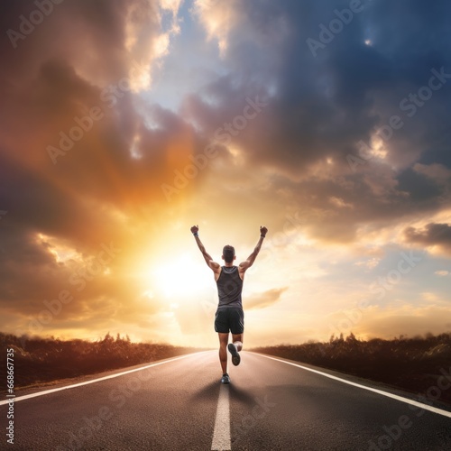 A runner crossing the finish line with their arms raised in triumph. Conveys victory, achievement, success. photo