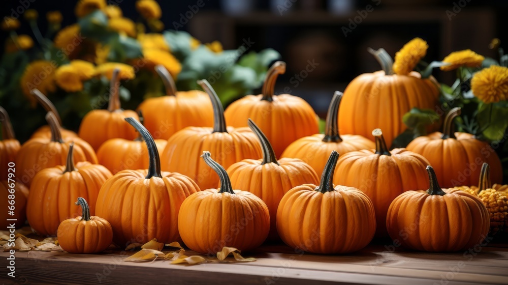 Small decorative pumpkins on wooden table fall. Generative AI. Small decorative pumpkins on wooden table fall. Generative AI.