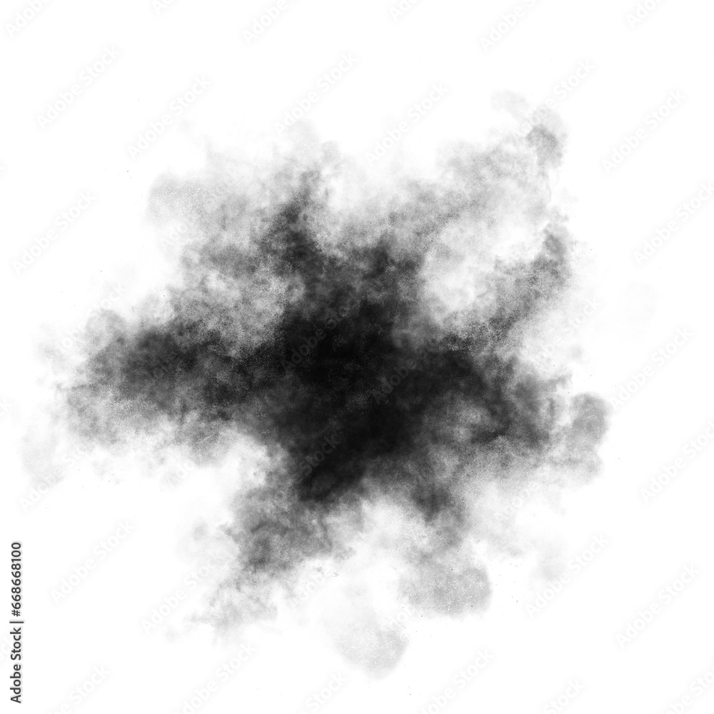 Black color powder explosion isolated on transparent background. Royalty high-quality free stock PNG image of Black powder explosion. Colorful dust explode. Paint Holi, Black dust particles splash