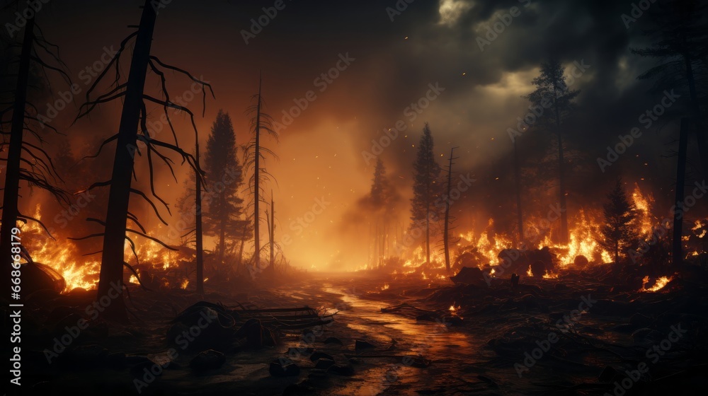 Smoky burned forest in fire. Generative AI.