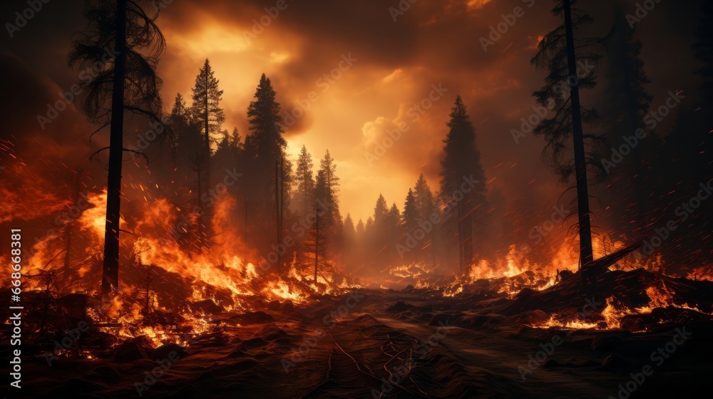 Smoky burned forest in fire. Generative AI.