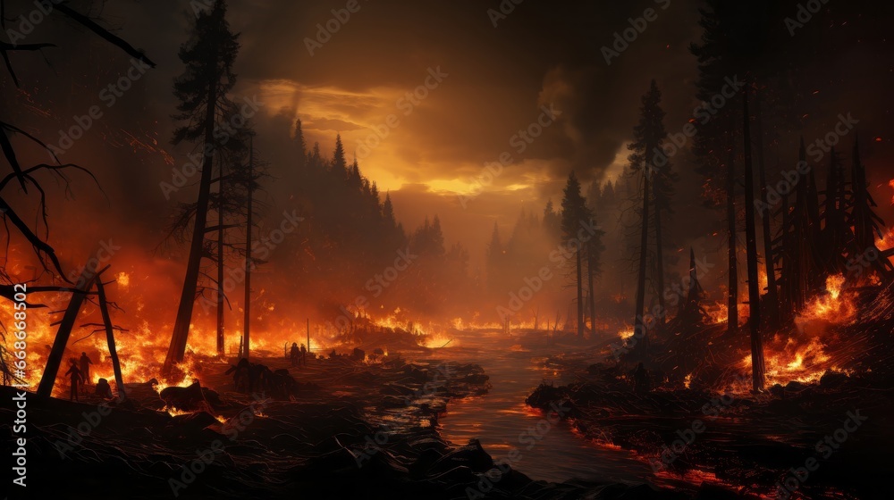 Smoky burned forest in fire. Generative AI. Smoky burned forest in fire. Generative AI.