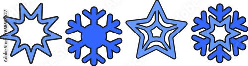 vector set of blue snowflakes isolated on transparent background. christmas snowflake collection on groovy retro style. cartoon new year snowflakes