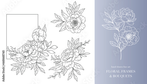 Peony Flower Line Art. Floral Frames and Bouquets Line Art. Fine Line Peony Frames Hand Drawn Illustration. Hand Draw Outline Leaves and Flowers. Botanical Coloring Page. Outline peony Isolated
