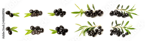 Tasty black olives with leaves isolated on white background. Fresh fruit olives on a white background.