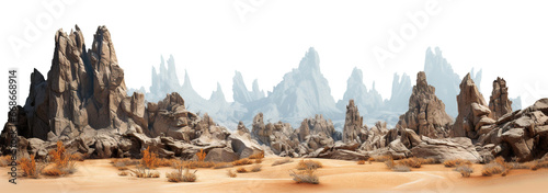 Desert with barren sands and rugged terrain, cut out photo