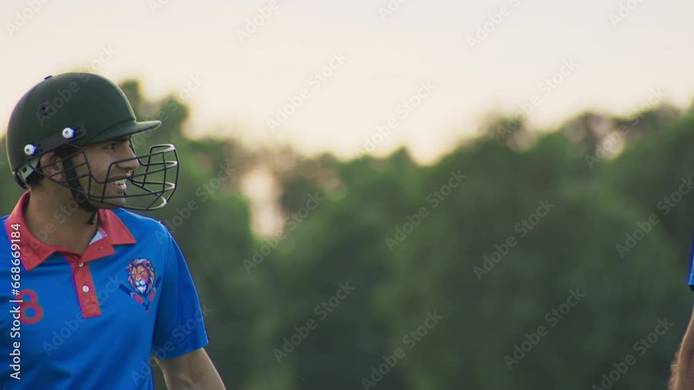 Close Up Slow Motion Portrait of Happy Athletic Blue Team Batsmen Fist Bump and Celebrate a Victory Set of Runs. Indian Cricket Match Replay on Live Sports Broadcast TV Channel Close Up Slow Motion Portrait of Happy Athletic Blue Team Batsmen Fist Bump and Celebrate a Victory Set of Runs. Indian Cricket Match Replay on Live Sports Broadcast TV Channel