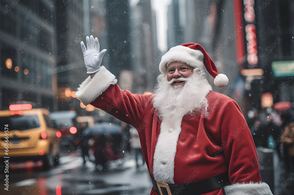 A photo of Santa Claus hailing a taxi cab in New York City - obrazy, fototapety, plakaty 