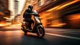 Scooter motorcycle biker rider on blurred motion city street
