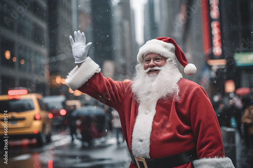 Foto A photo of Santa Claus hailing a taxi cab in New York City