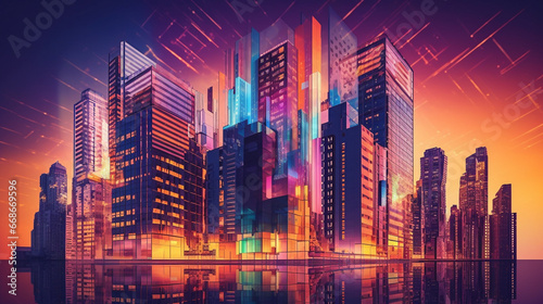 Abstract neon city with high-rise buildings