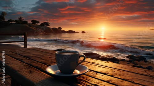 Sunrise at beach with coffee. Generative AI.