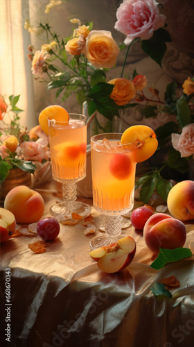 Two glasses of apricot juice on a table with flowers.
