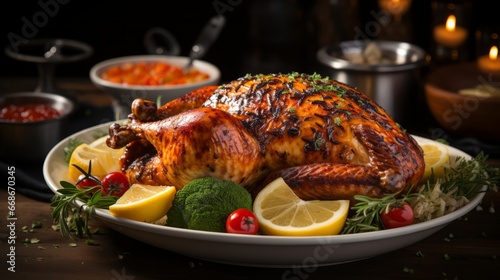 Thanksgiving turkey dish. Generative AI.