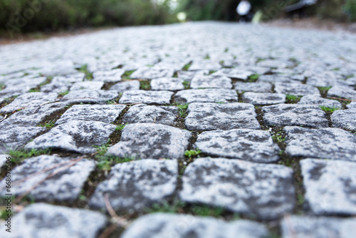 The road is paved with paving stones.